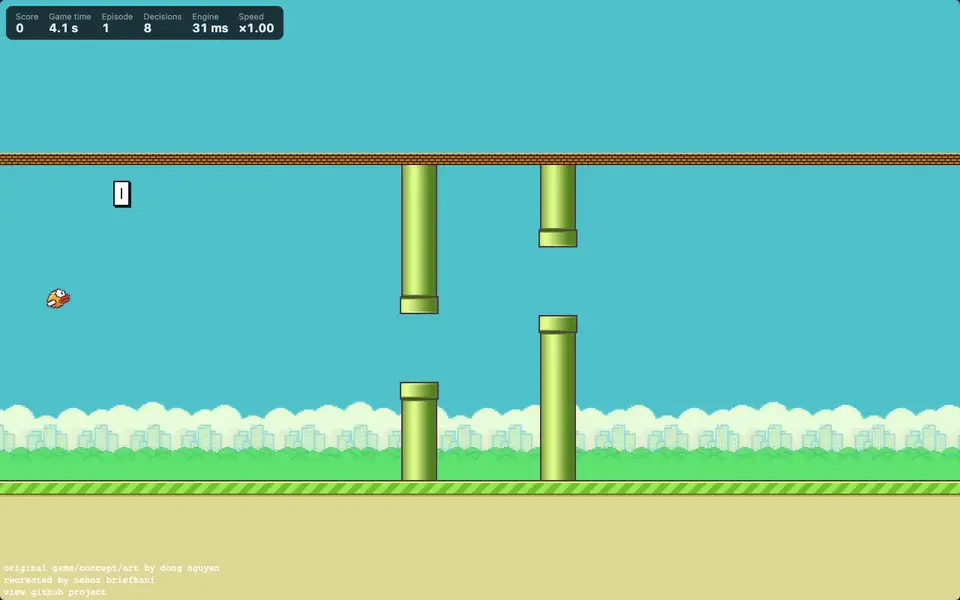 Flappy Bird played live by Laya. The bird flaps through gap after gap while the counters over the game show the score, the game time, the number of decisions, about 35 ms a decision, and a speed of 1.00x.